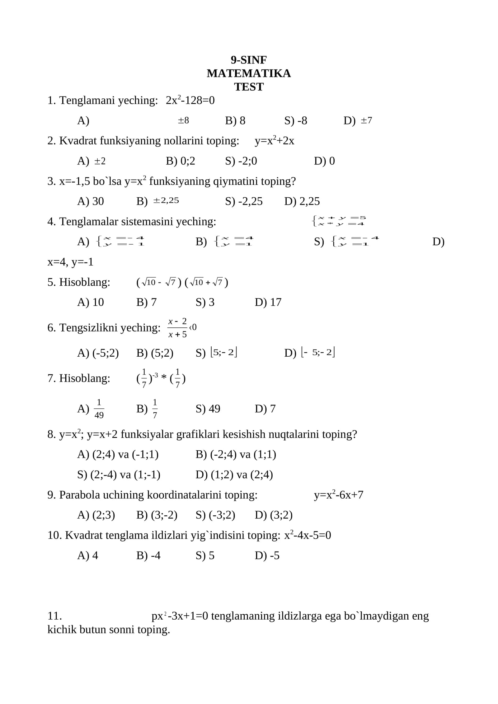 9-SINF MATEMATIKA TEST