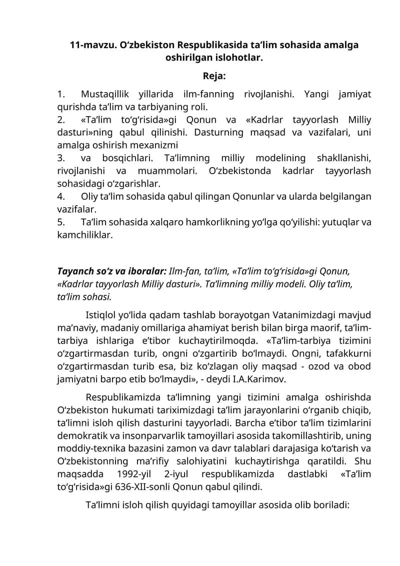 Ta'lim sohasida amalga oshirilgan islohotlar
