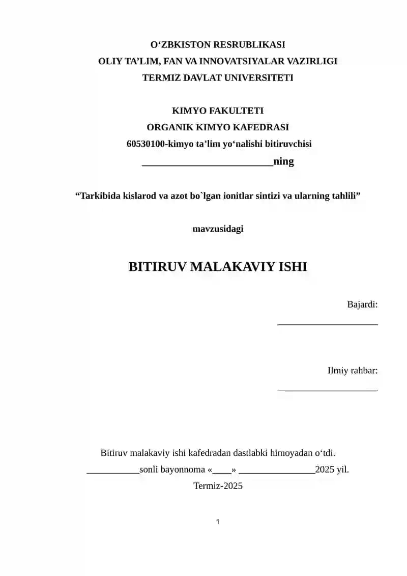 Tarkibida kislarod va azot bo`lgan ionitlar sintizi va ularning tahlili