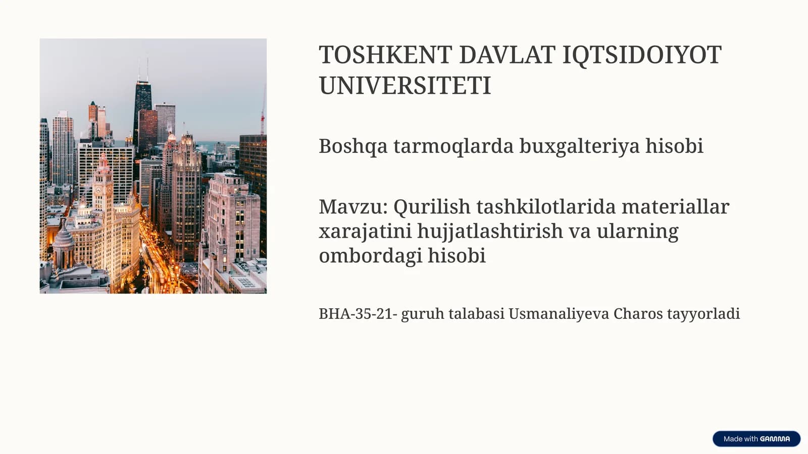 Qurilish tashkilotlarida materiallar xarajatini hujjatlashtirish va ularning ombordagi hisobi