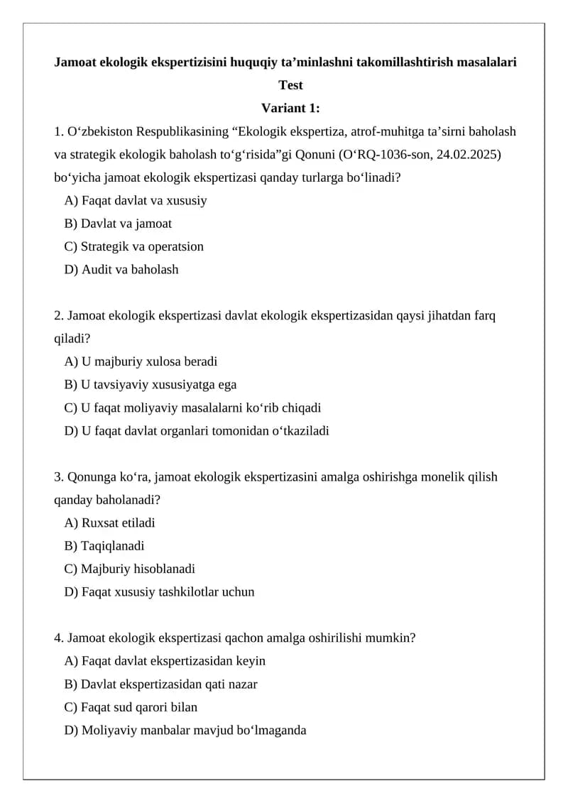 Jamoat ekologik ekspertizisini huquqiy ta’minlashni takomillashtirish masalalari