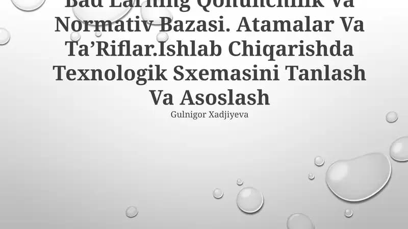 Bad Larning Qonunchilik Va Normativ Bazasi. Atamalar Va Ta’Riflar.Ishlab Chiqarishda Texnologik Sxemasini Tanlash Va Asoslash