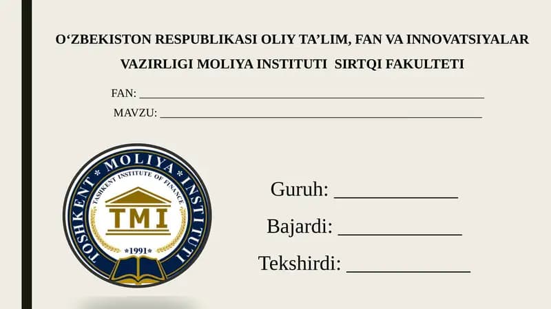 Oʻzbekiston Respublikasi Oliy Ta’lim, Fan va Innovatsiyalar Vazirligimoliya Instituti Sirtqi Fakulteti