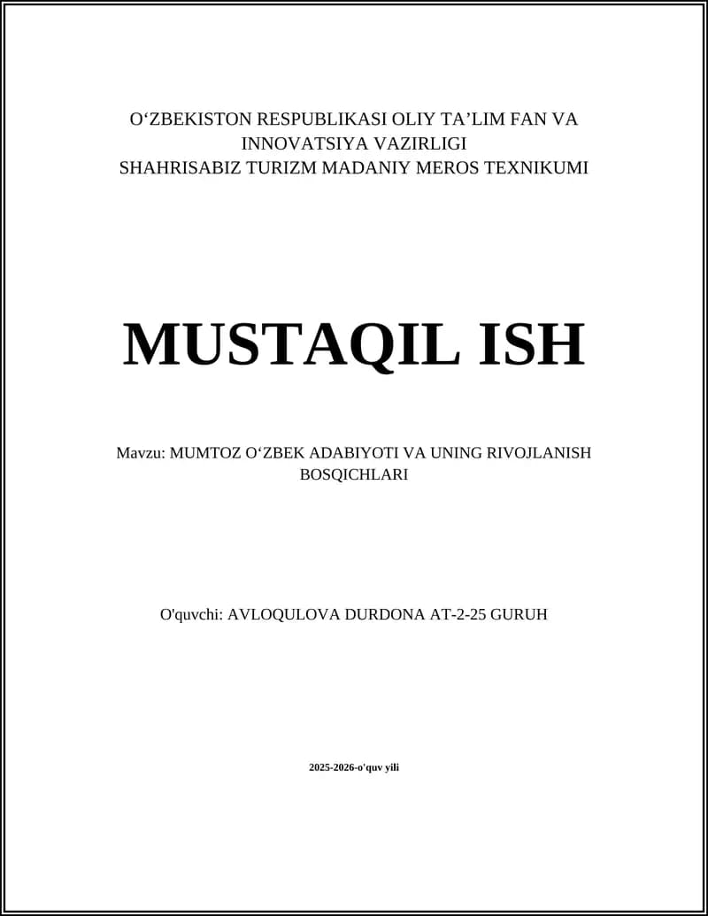 Mumtoz Oʻzbek Adabiyoti Va Uning Rivojlanish Bosqichlari