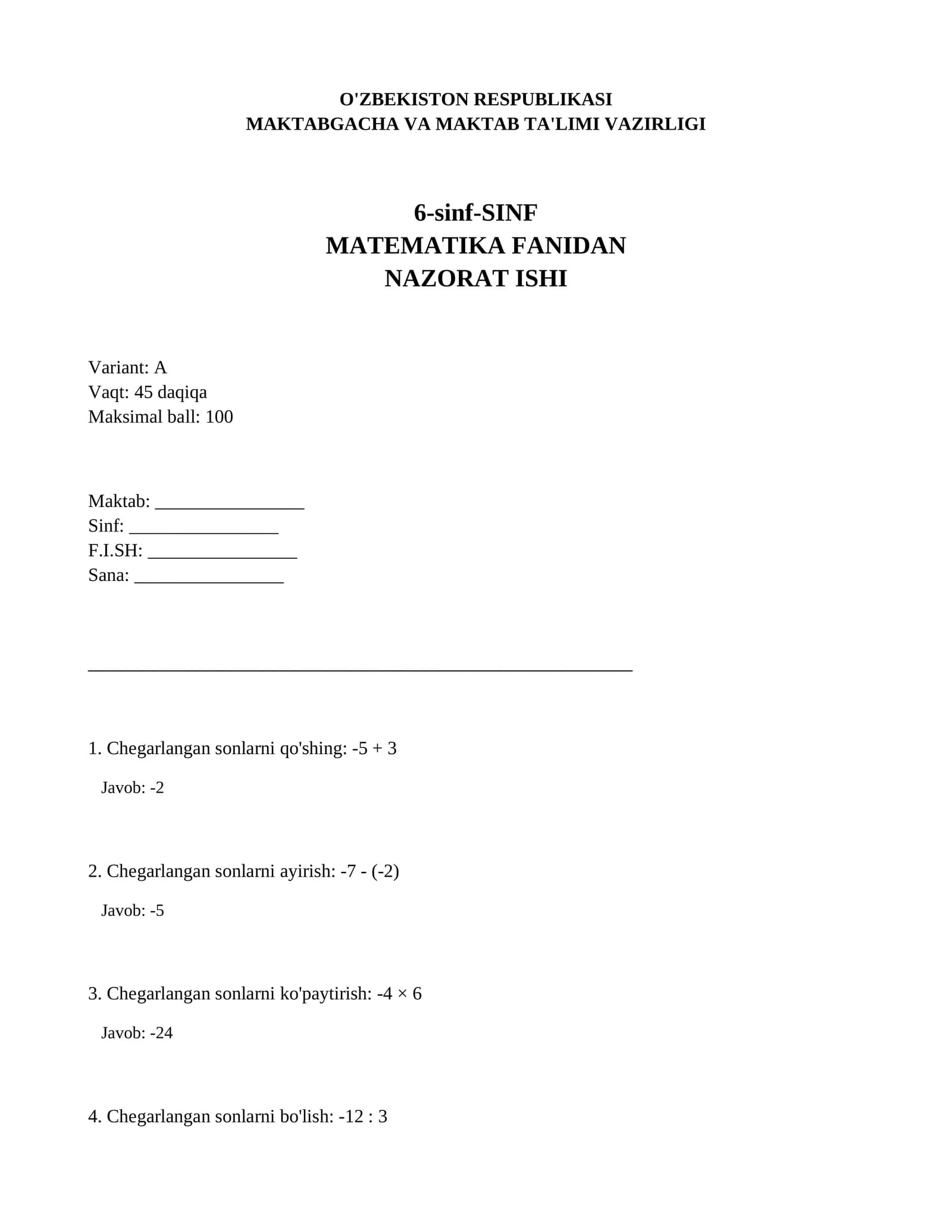 6-sinf-SINF MATMATIKA FANIDAN NAZORAT ISHI