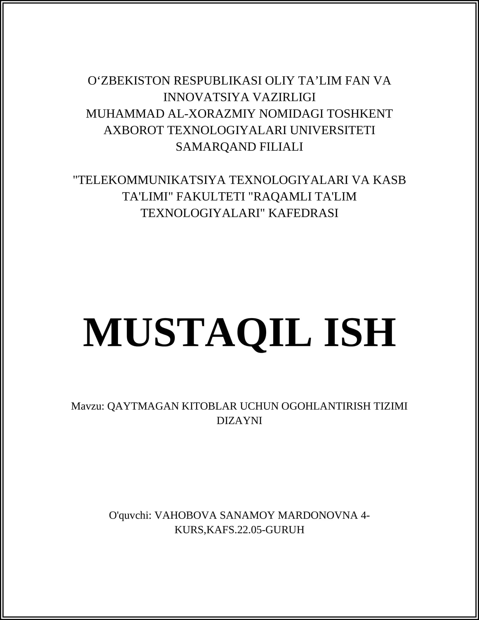 QAYTMAGAN KITOBLAR UCHUN OGOHLANTIRISH TIZIMI DIZAYNI