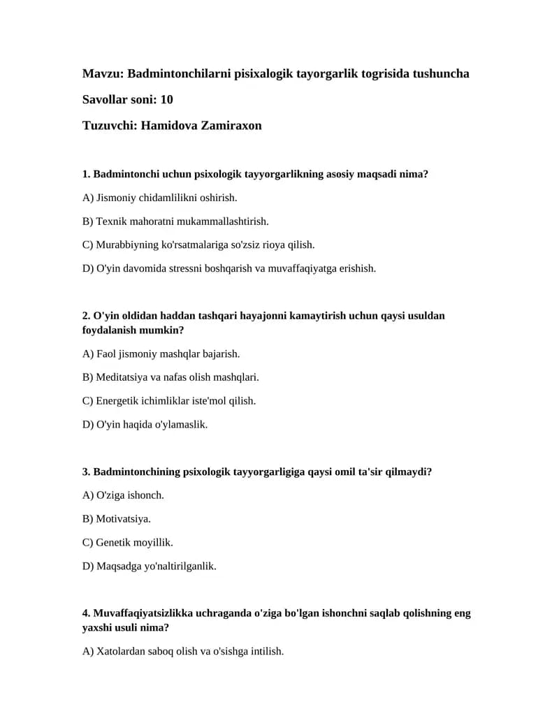 Badmintonchilarni pisixalogik tayorgarlik togrisida tushuncha