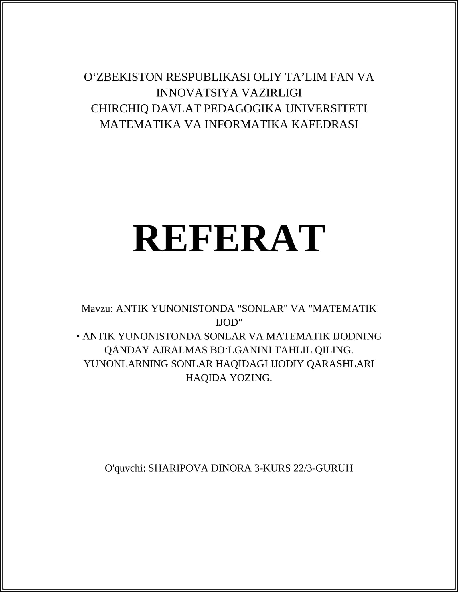ANTIK YUNONISTONDA "SONLAR" VA "MATEMATIK IJOD"