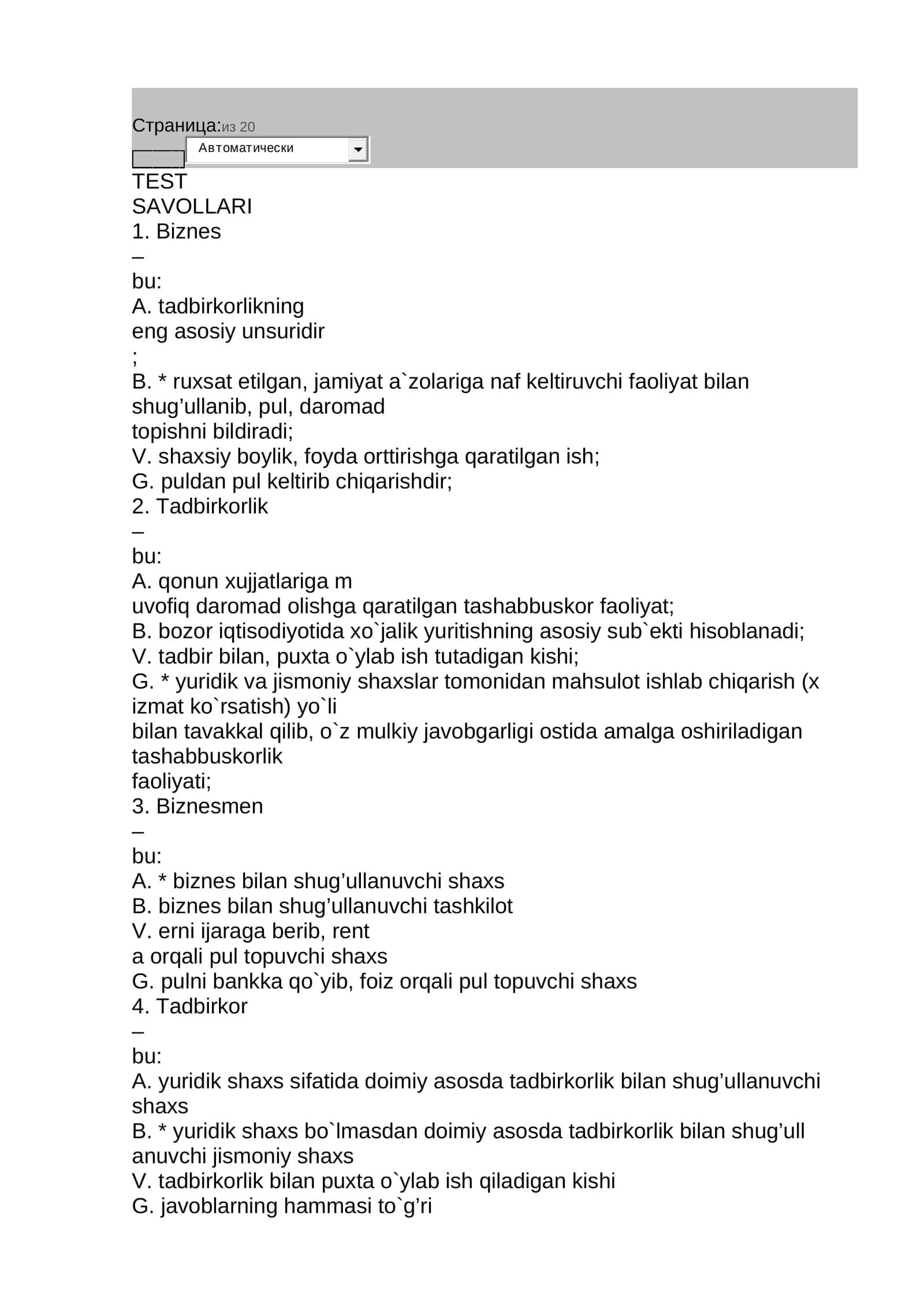 TEST SAVOLLARI