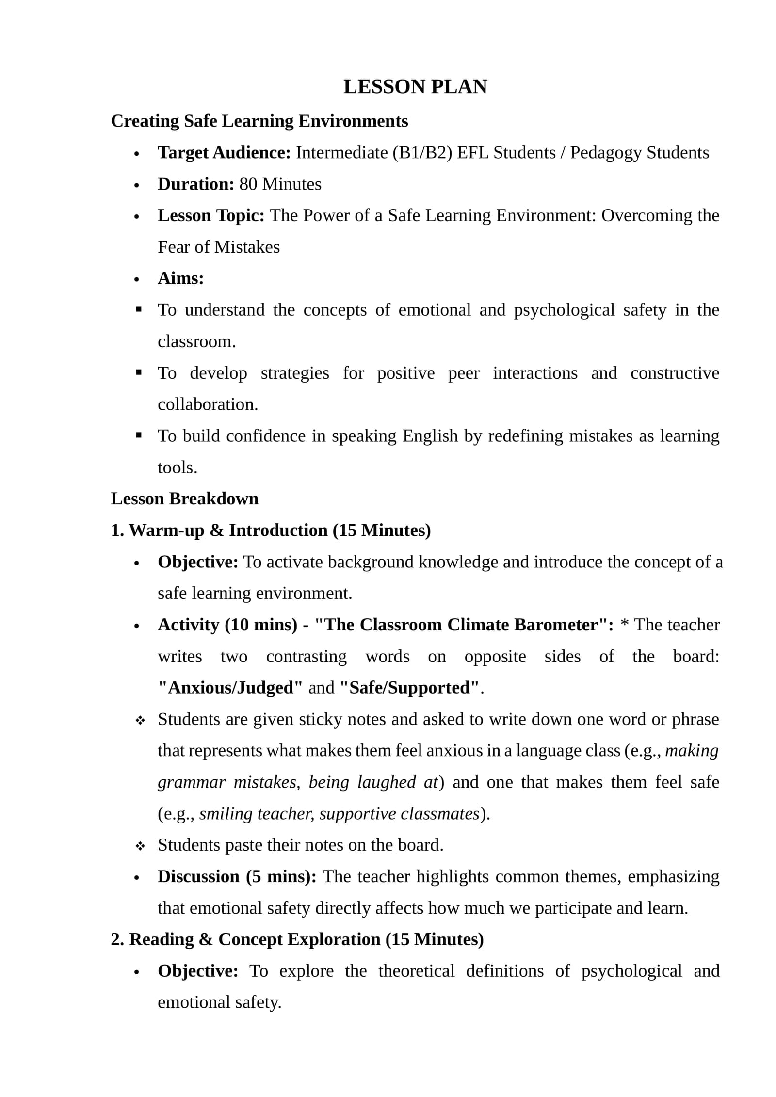 Lesson Plan: Creating Safe Learning Environments