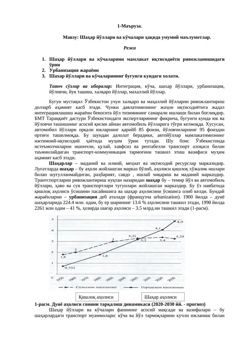 Шаҳар йўллари ва кўчалари ҳақида умумий маълумотлар