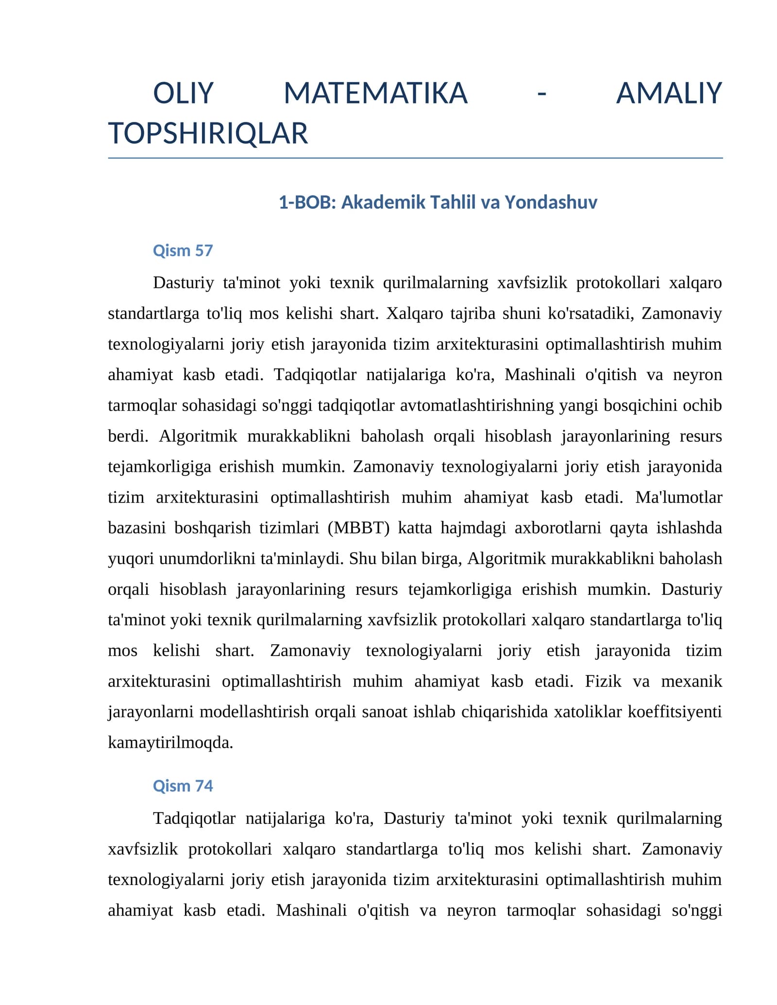 OLIY MATEMATIKA - AMALIY TOPSHIRIQLAR