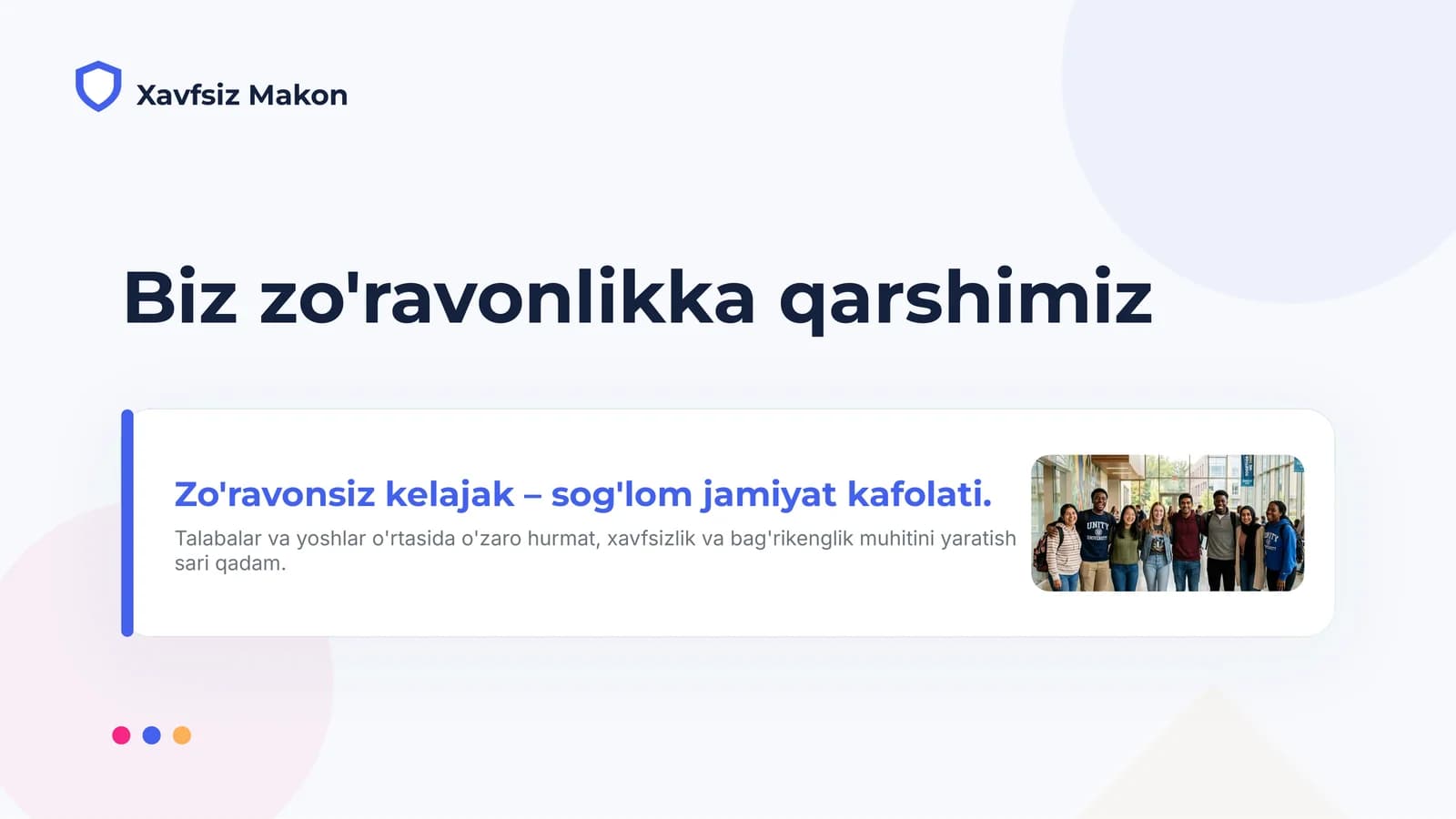 Biz zo'ravonlikka qarshimiz | Zo'ravonsiz kelajak – sog'lom jamiyat kafolati.