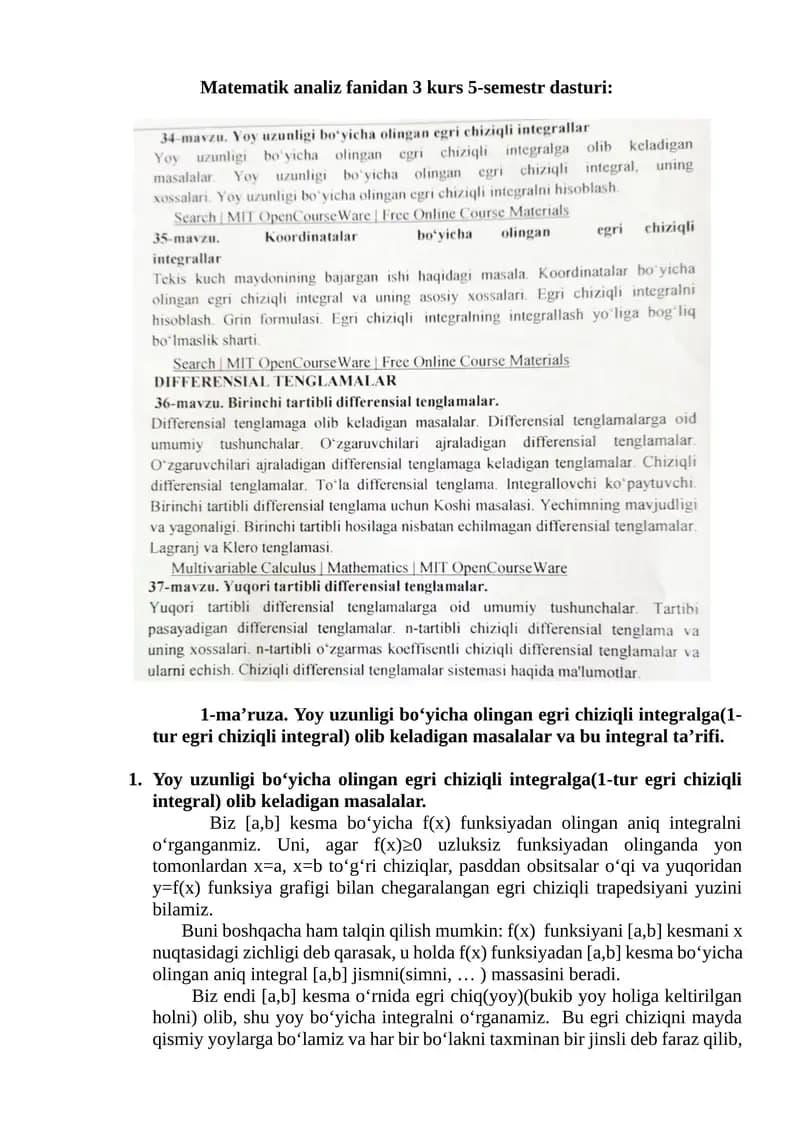 Yoy uzunligi boʻyicha olingan egri chiziqli integralga