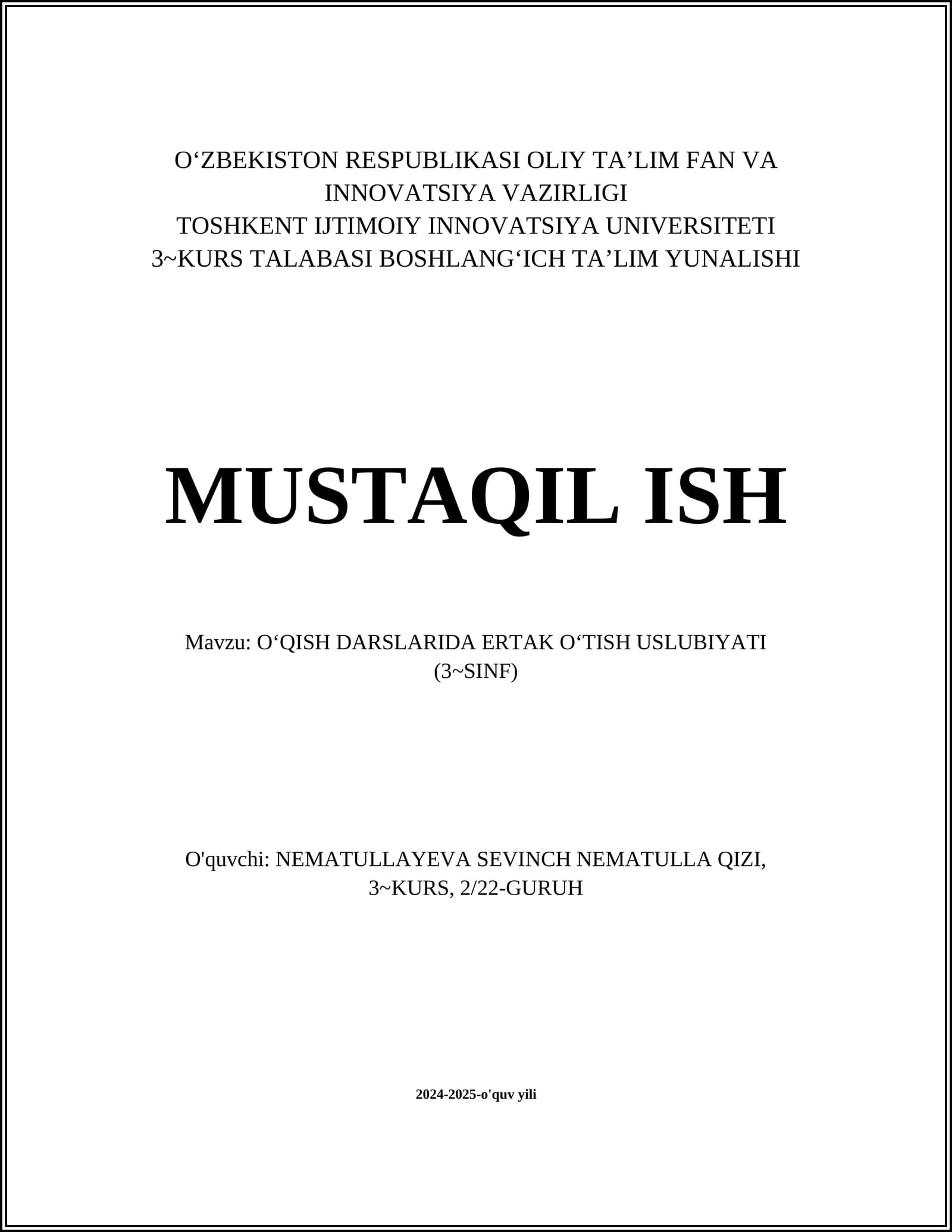 O‘QISH DARSLARIDA ERTAK O‘TISH USLUBIYATI (3~SINF)