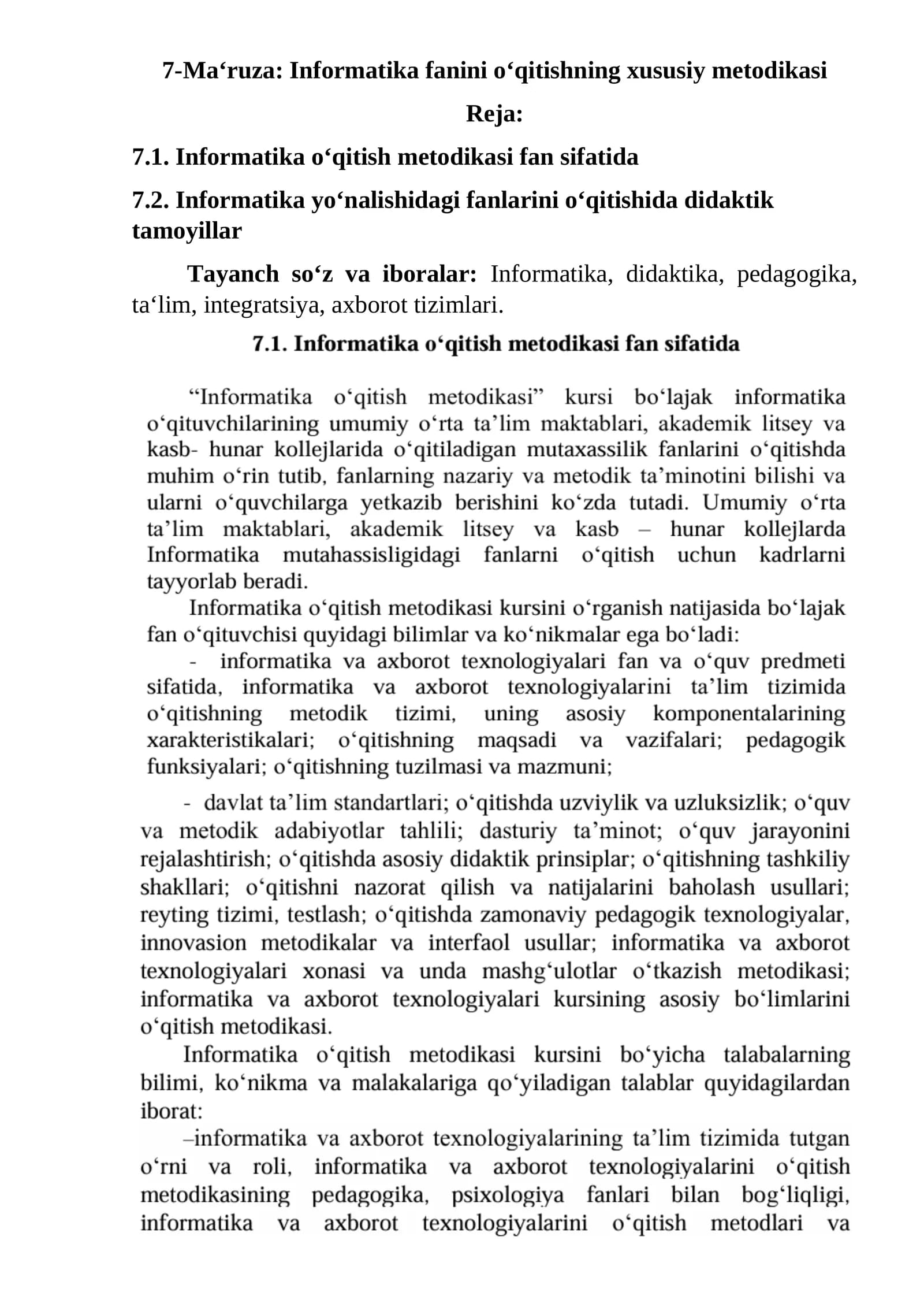 Informatika fanini o‘qitishning xususiy metodikasi