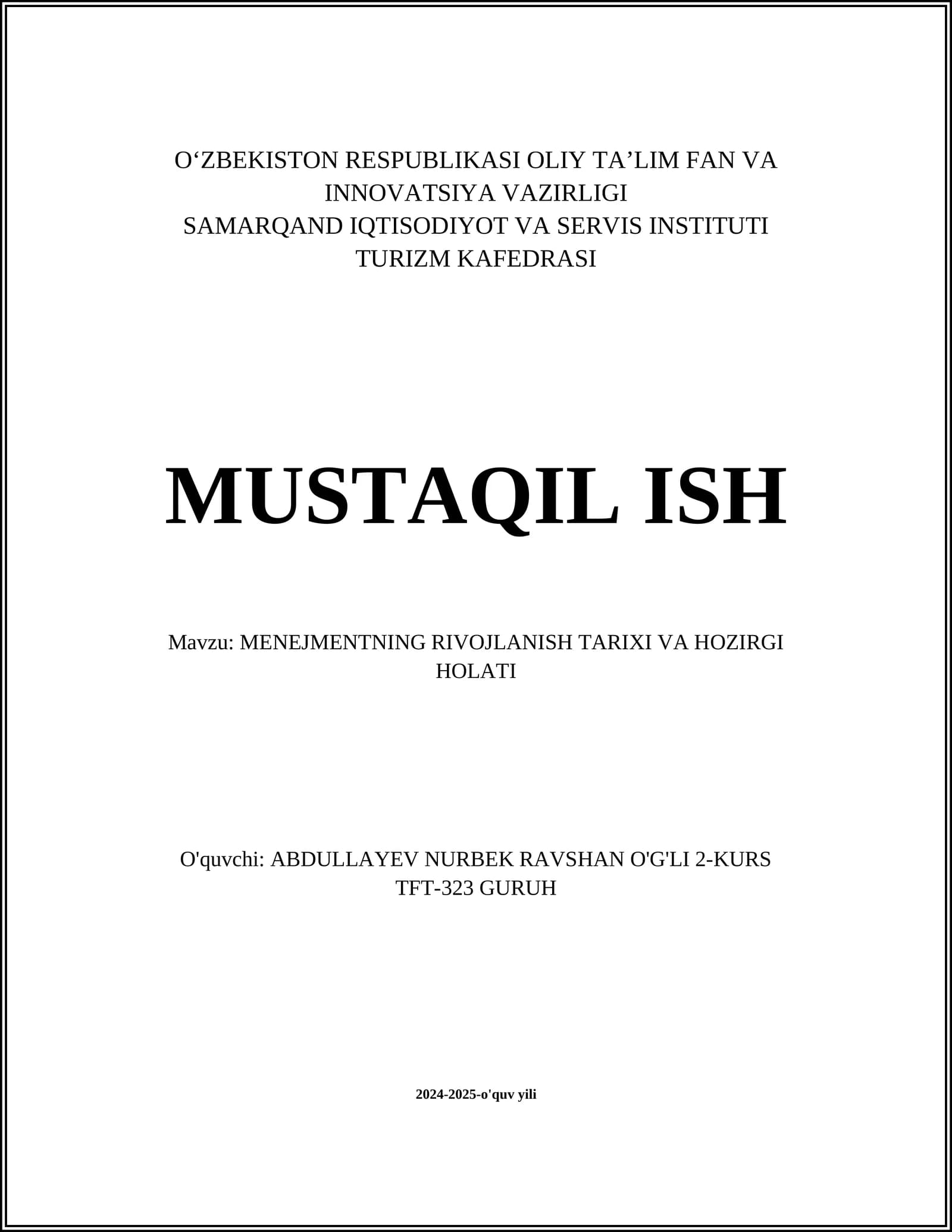 Menejmentning Rivojlanish Tarixi va Hozirgi Holati