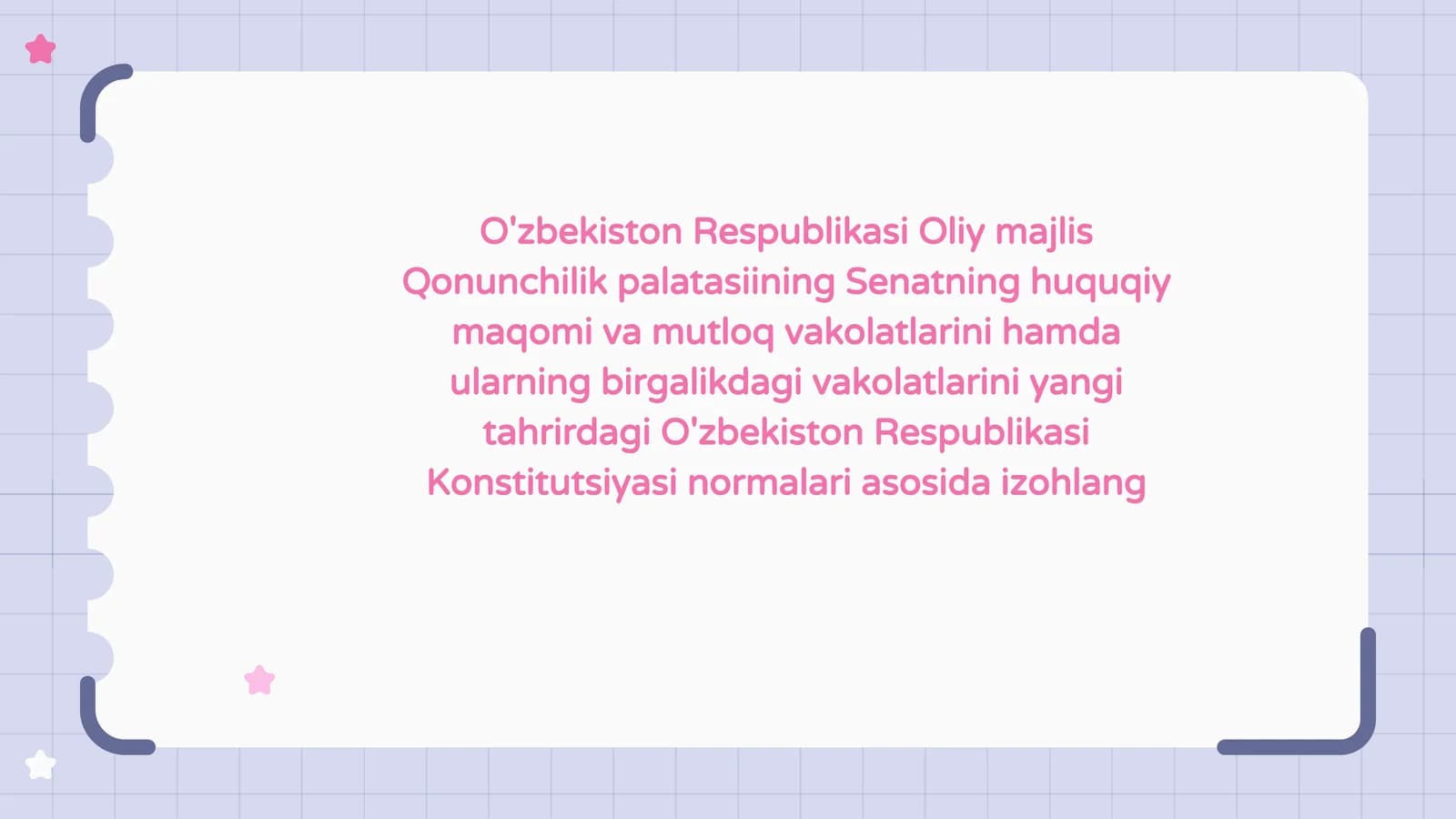 O'zbekiston Respublikasi Oliy majlis Qonunchilik palatasiining Senatning huquqiy maqomi va mutloq vakolatlarini hamda ularning birgalikdagi vakolatlarini yangi tahrirdagi O'zbekiston Respublikasi Konstitutsiyasi normalari as