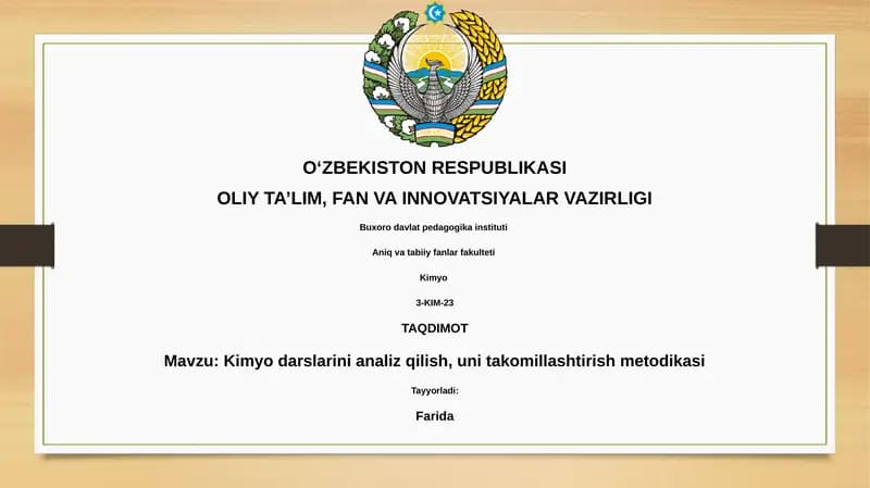 Kimyo darslarini analiz qilish, uni takomillashtirish metodikasi