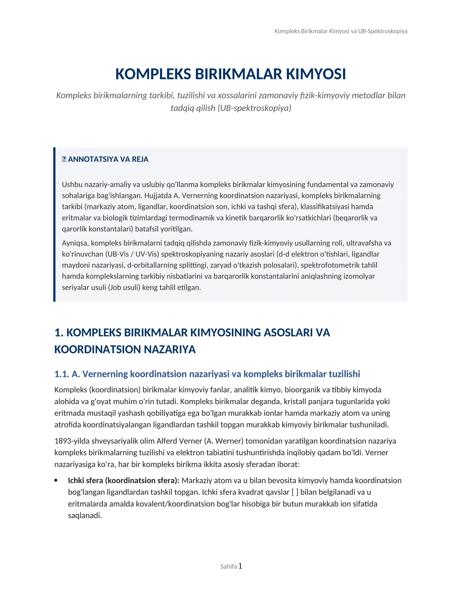 Kompleks Birikmalar Kimyosi va UB-Spektroskopiya