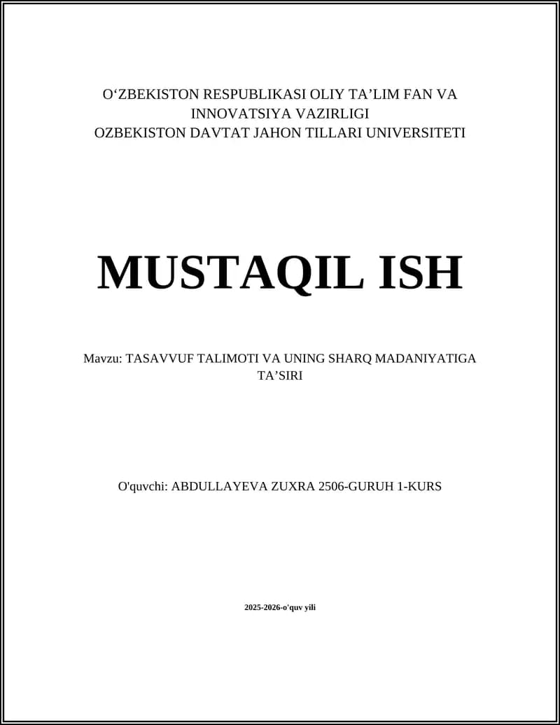TASAVVUF TALIMOTI VA UNING SHARQ MADANIYATIGA TA’SIRI