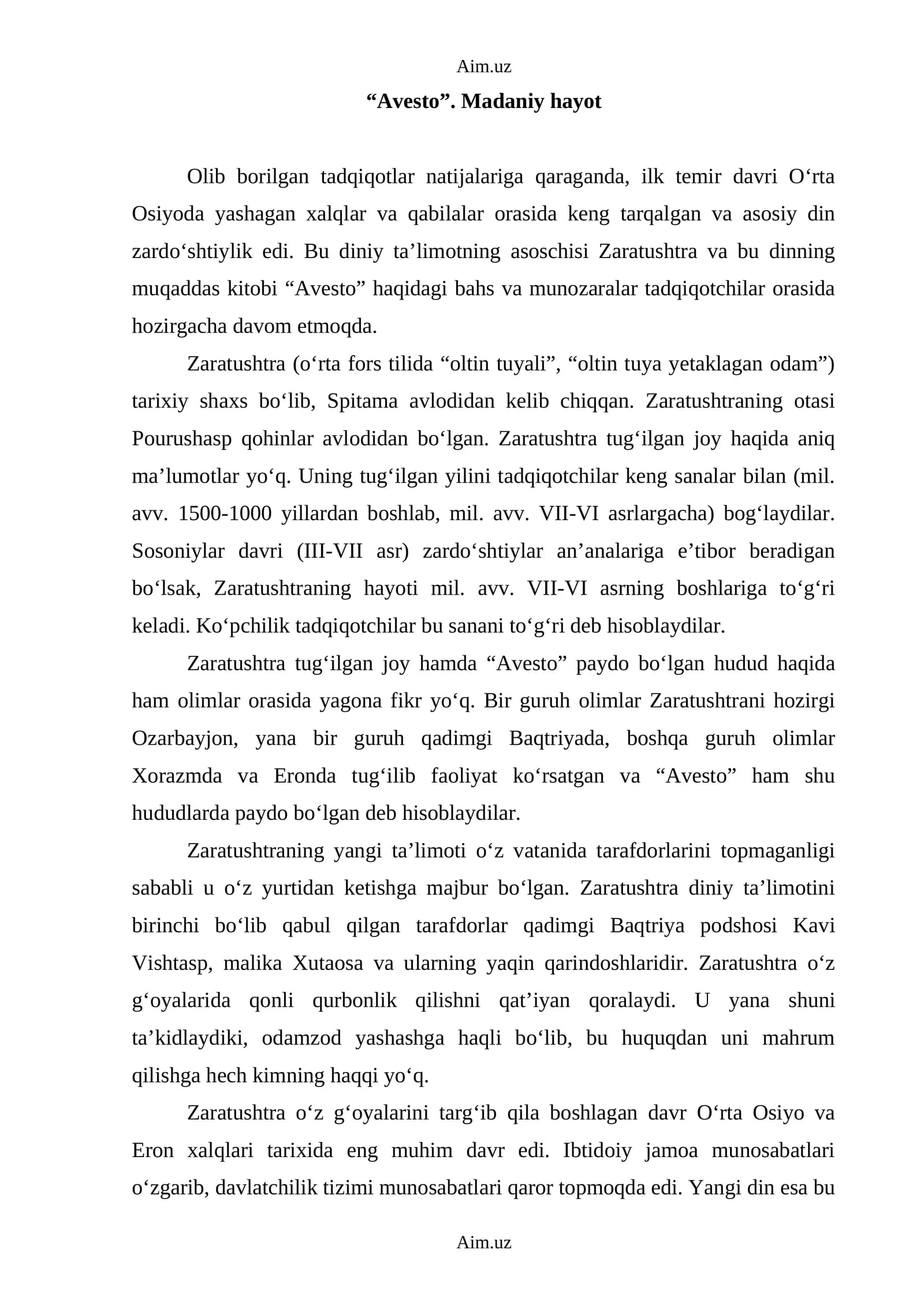 "Avesto". Madaniy hayot
