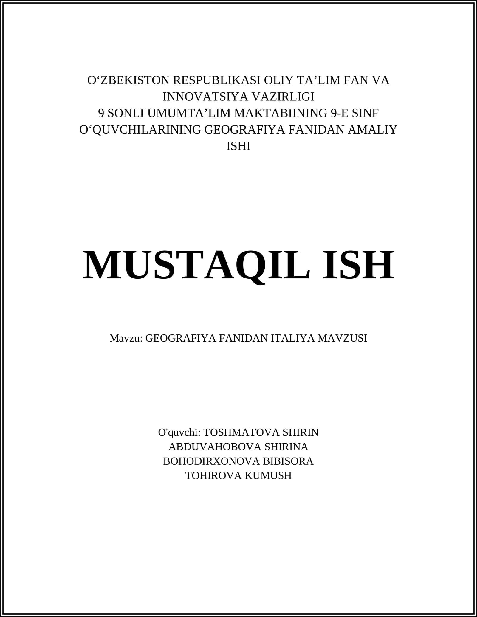 GEOGRAFIYA FANIDAN ITALIYA MAVZUSI