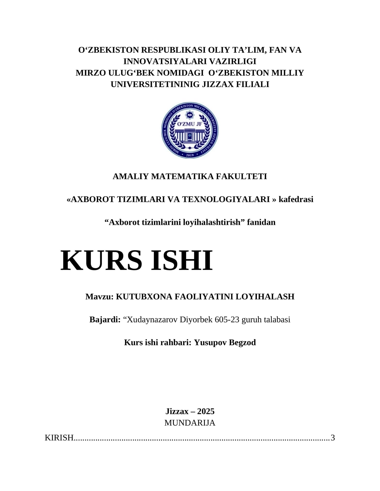 KUTUBXONA FAOLIYATINI LOYIHALASH