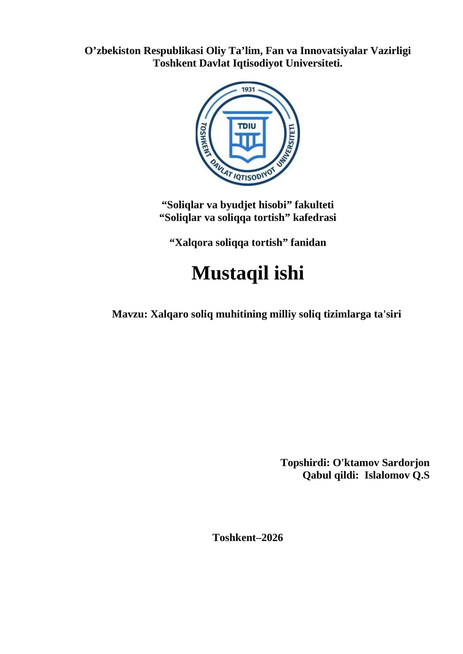 Xalqaro soliq muhitining milliy soliq tizimlarga ta'siri