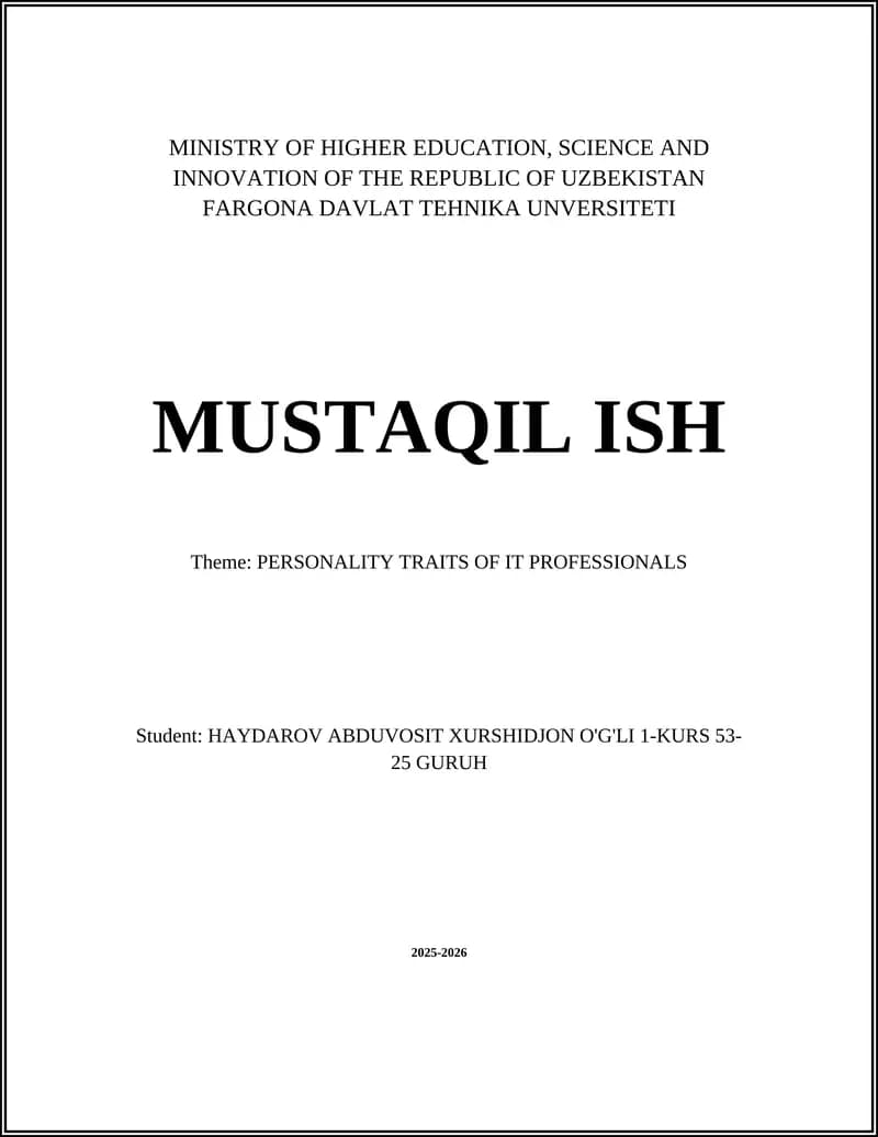 MUSTAQIL ISH: PERSONALITY TRAITS OF IT PROFESSIONALS