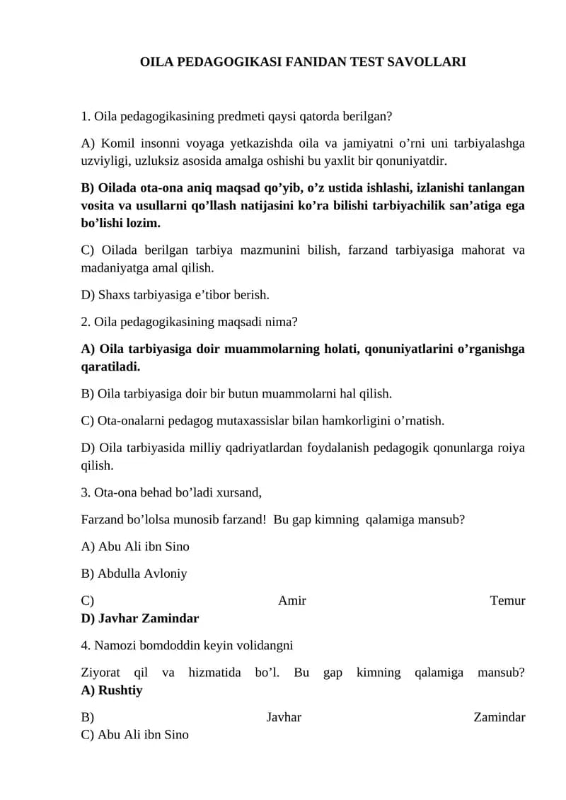 OILA PEDAGOGIKASI FANIDAN TEST SAVOLLARI