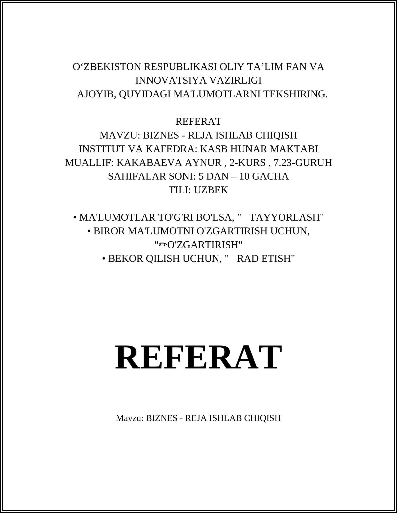 BIZNES - REJA ISHLAB CHIQISH