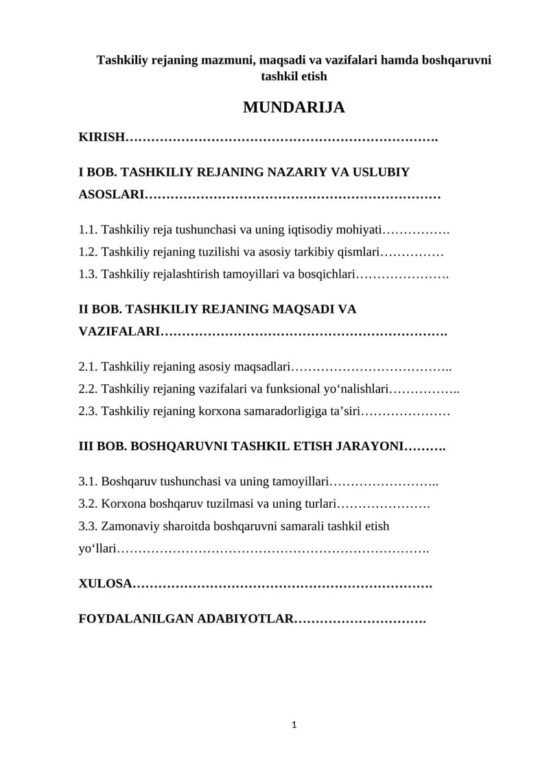 Tashkiliy rejaning mazmuni, maqsadi va vazifalari hamda boshqaruvni tashkil etish