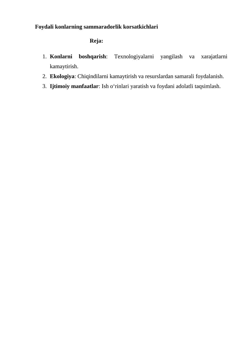 Foydali konlarning sammaradorlik korsatkichlari