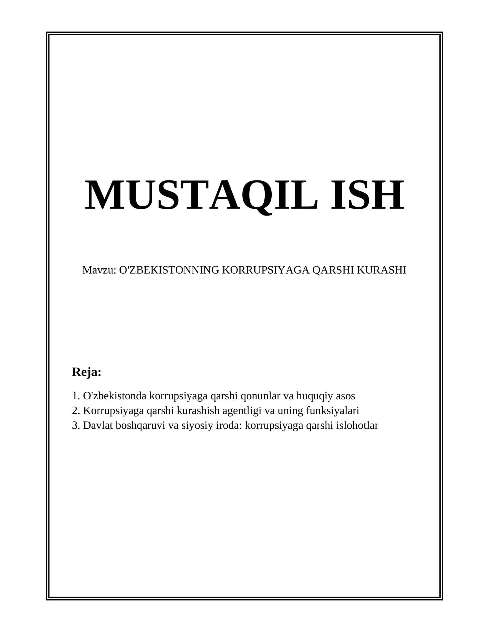 O'ZBEKISTONNING KORRUPSIYAGA QARSHI KURASHI