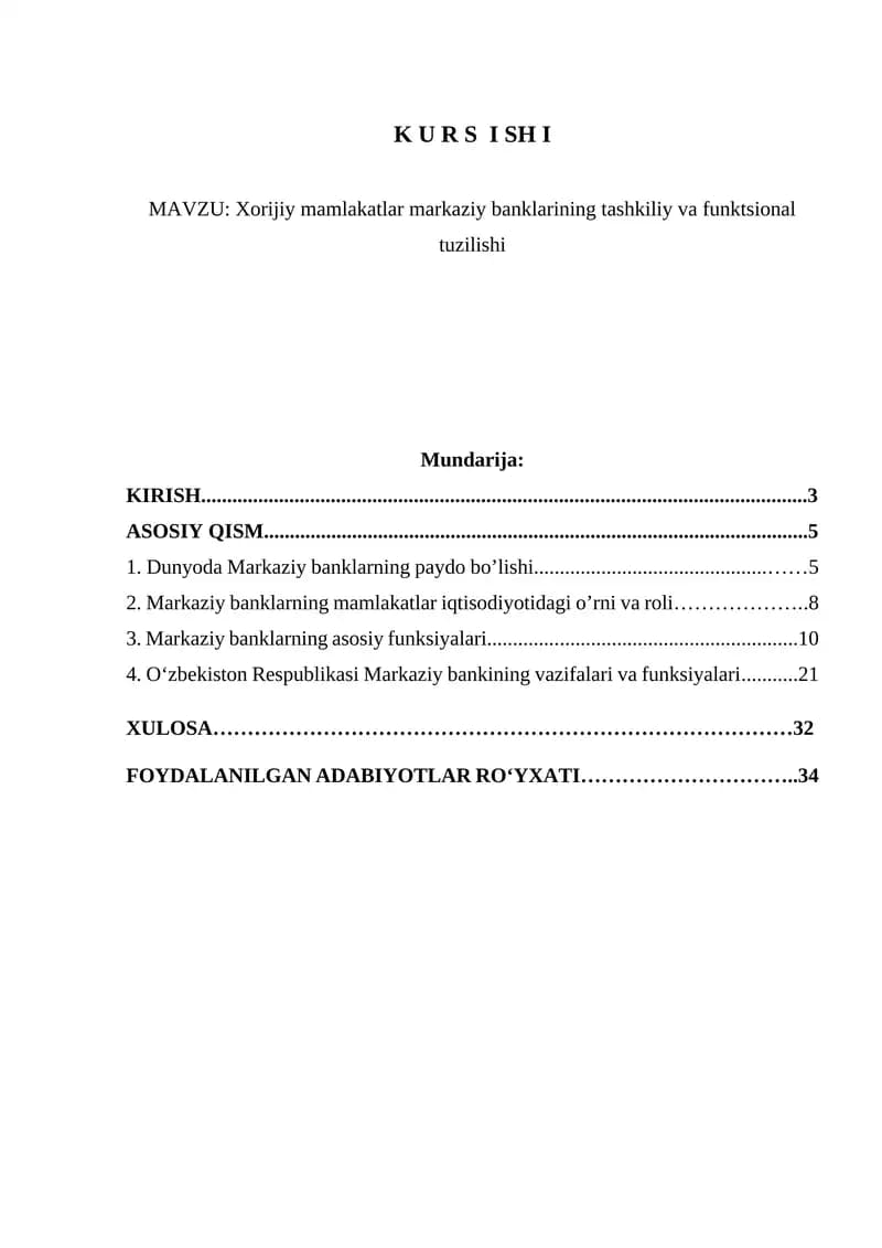 Xorijiy mamlakatlar markaziy banklarining tashkiliy va funktsional tuzilishi