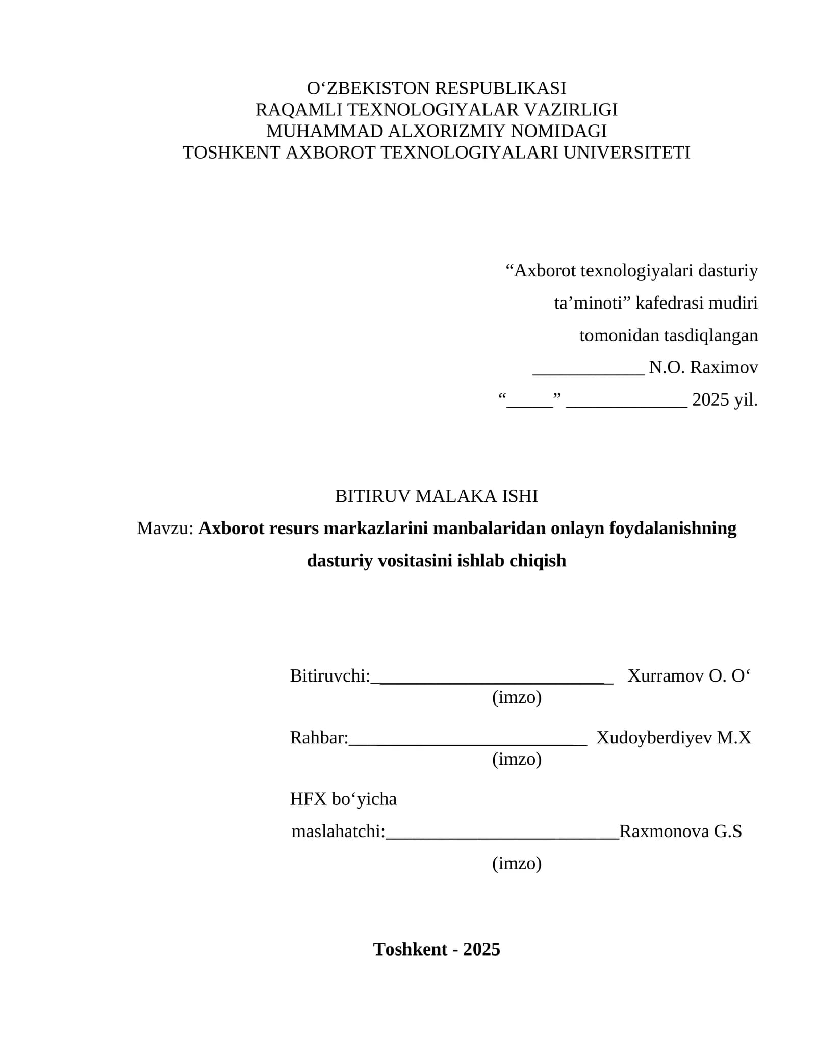Axborot resurs markazlarini manbalaridan onlayn foydalanishning dasturiy vositasini ishlab chiqish