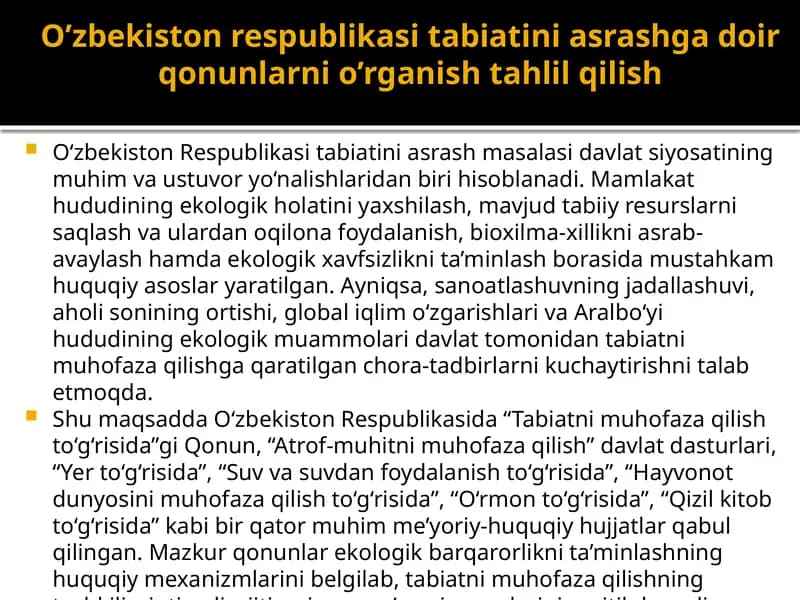 O’zbekiston respublikasi tabiatini asrashga doir qonunlarni o’rganish tahlil qilish