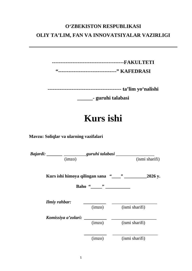Soliqlar va ularning vazifalari kurs ishi