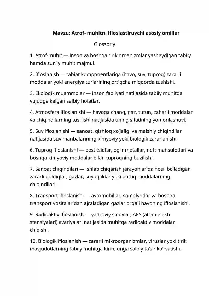 Atrof-muhitni ifloslastiruvchi asosiy omillar