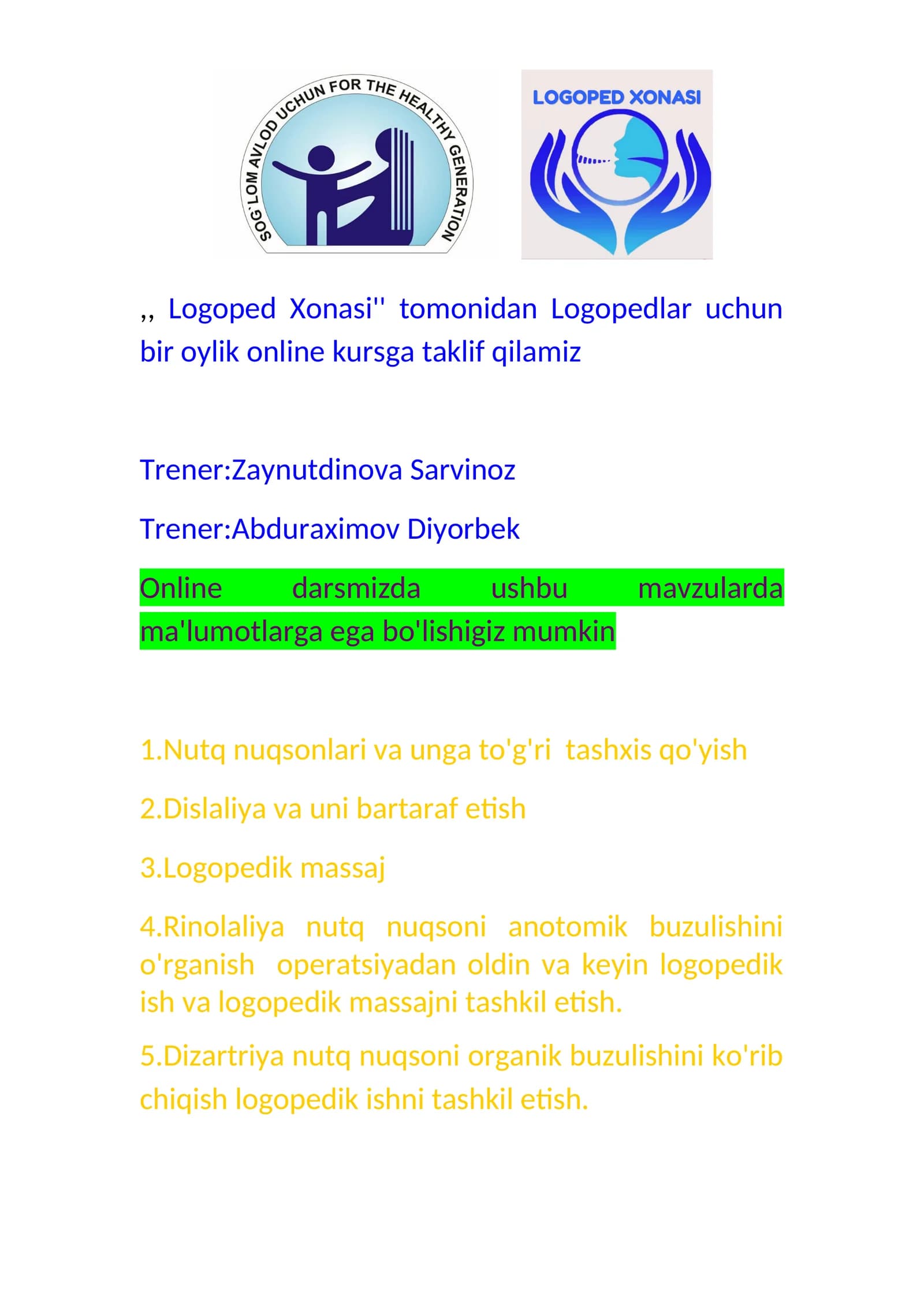 Logoped Xonasi Online Kurs