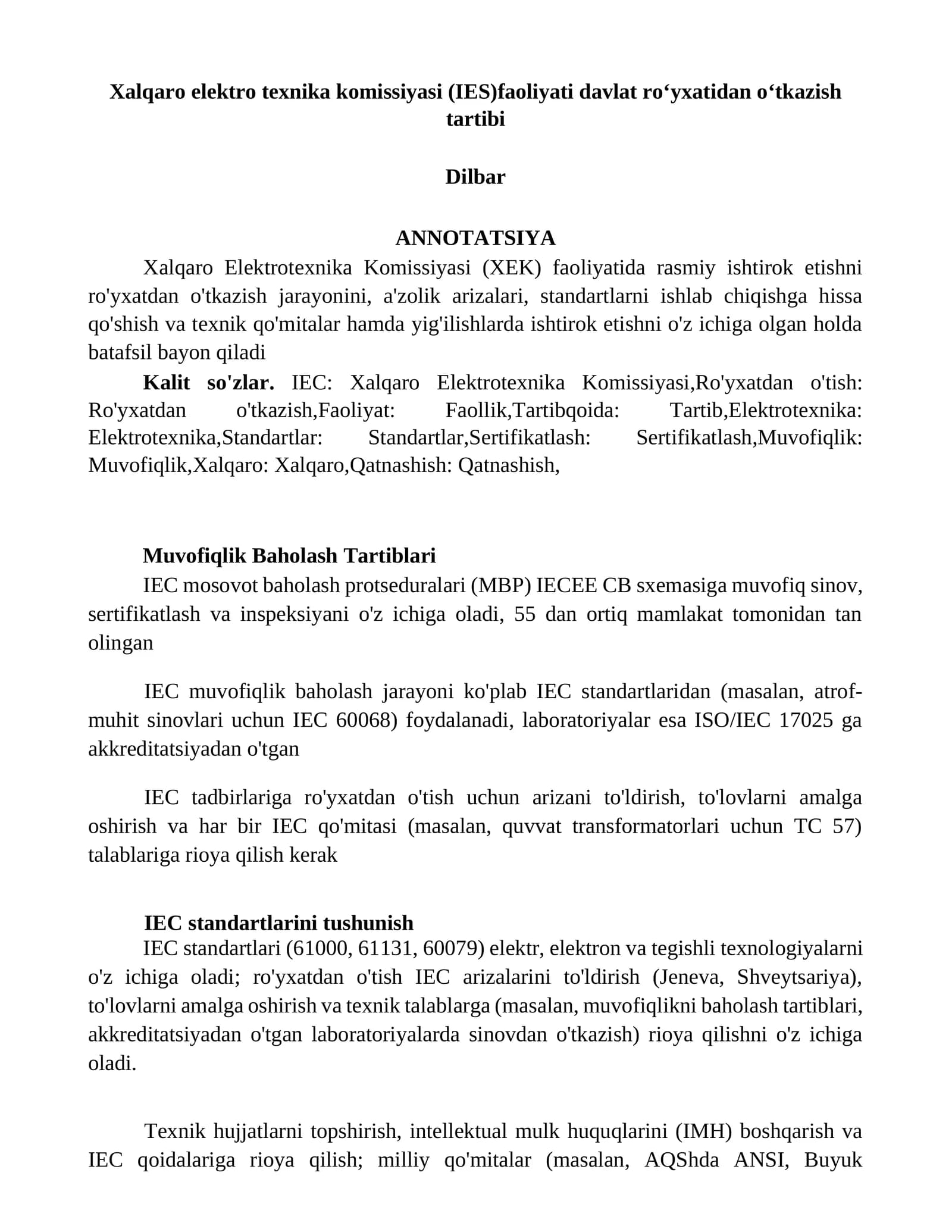 Xalqaro elektro texnika komissiyasi (IES)faoliyati davlat ro‘yxatidan o‘tkazish tartibi