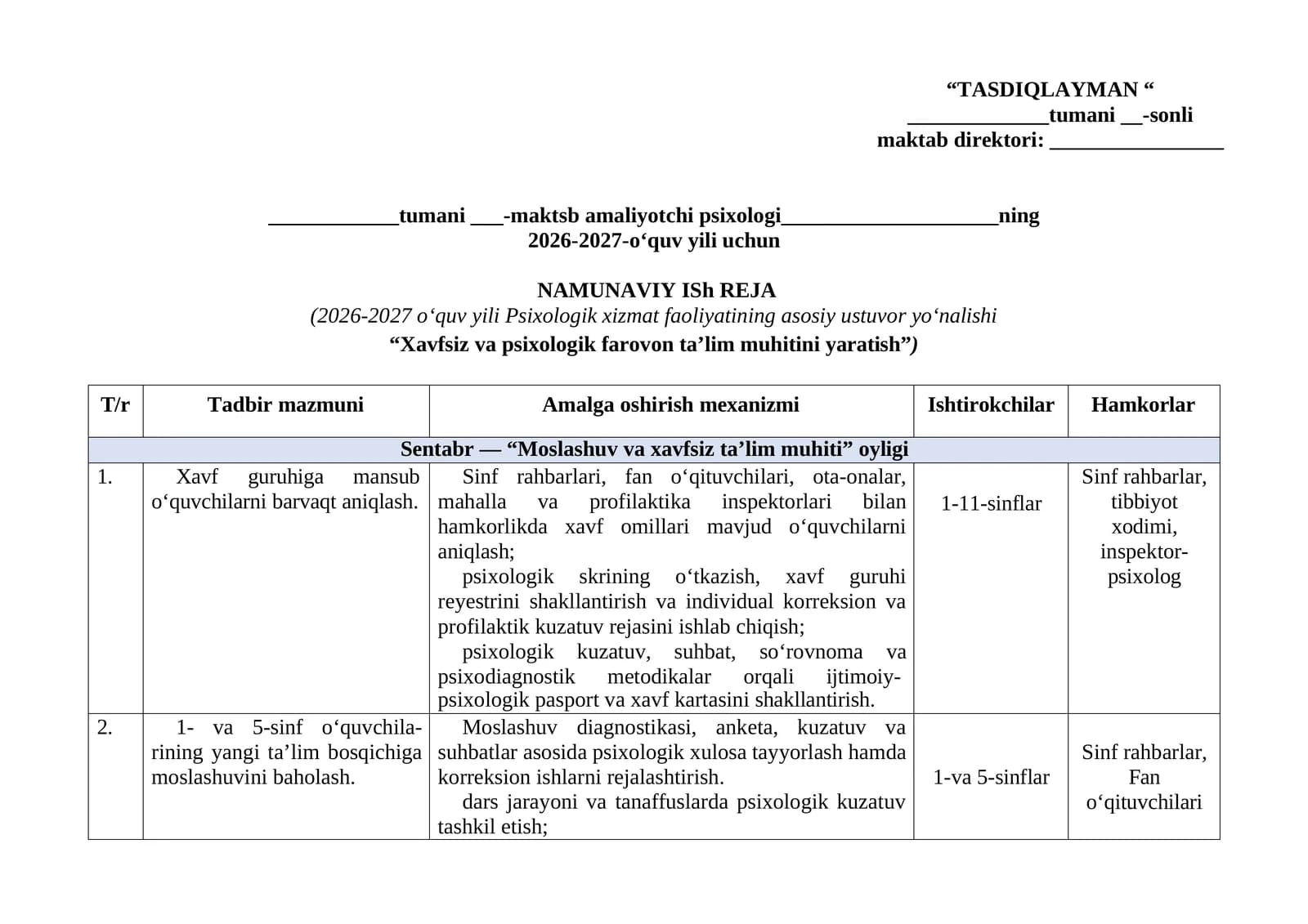 MAKTAB PSIXOLOGI ISH REJASI 2026-2027 O'QUV YILI