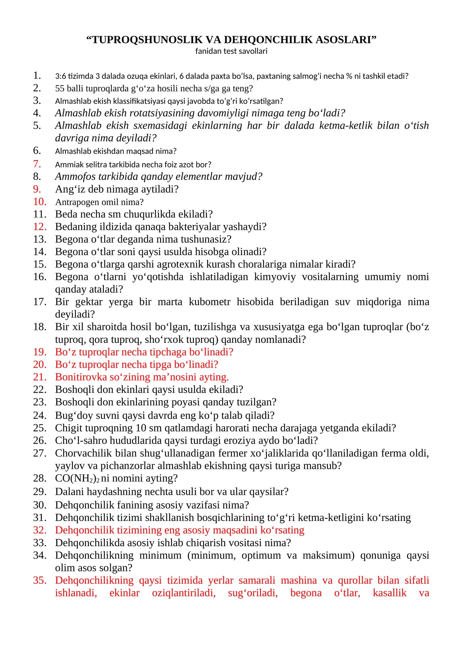 TUPROQSHUNOSLIK VA DEHQONCHILIK ASOSLARI fanidan test savollari