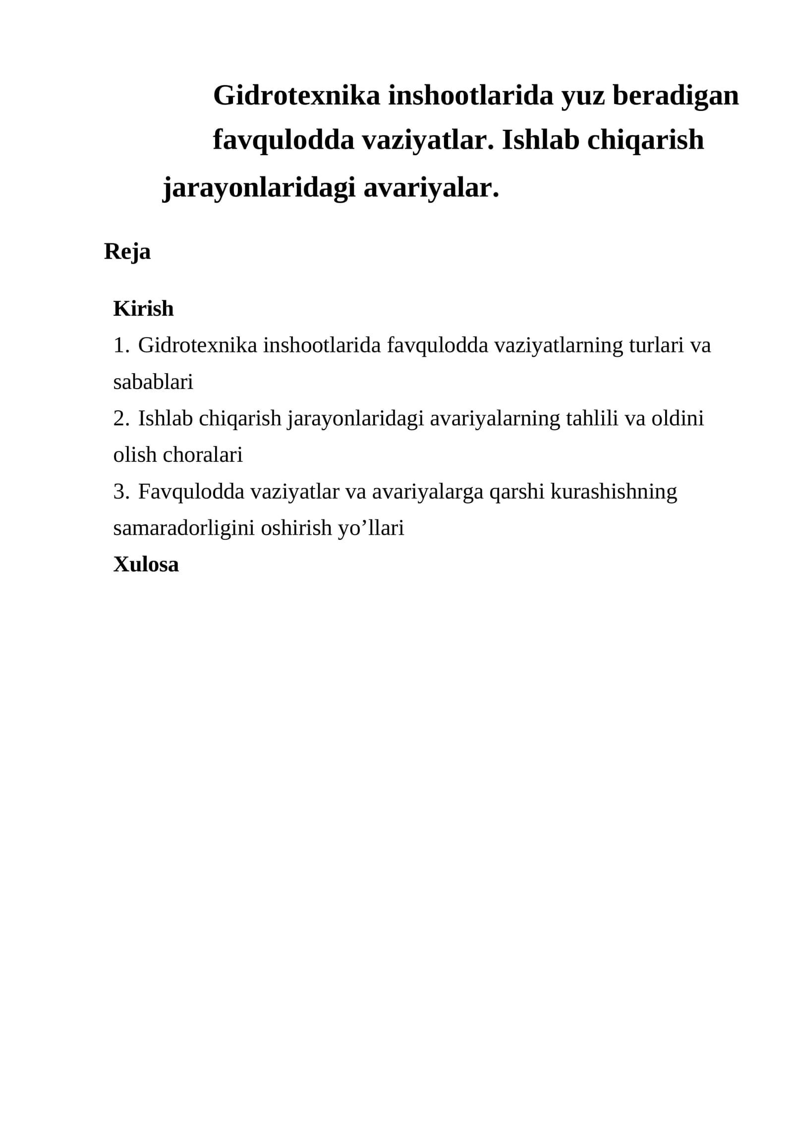 Gidrotexnika inshootlarida favqulodda vaziyatlarning turlari va sabablari