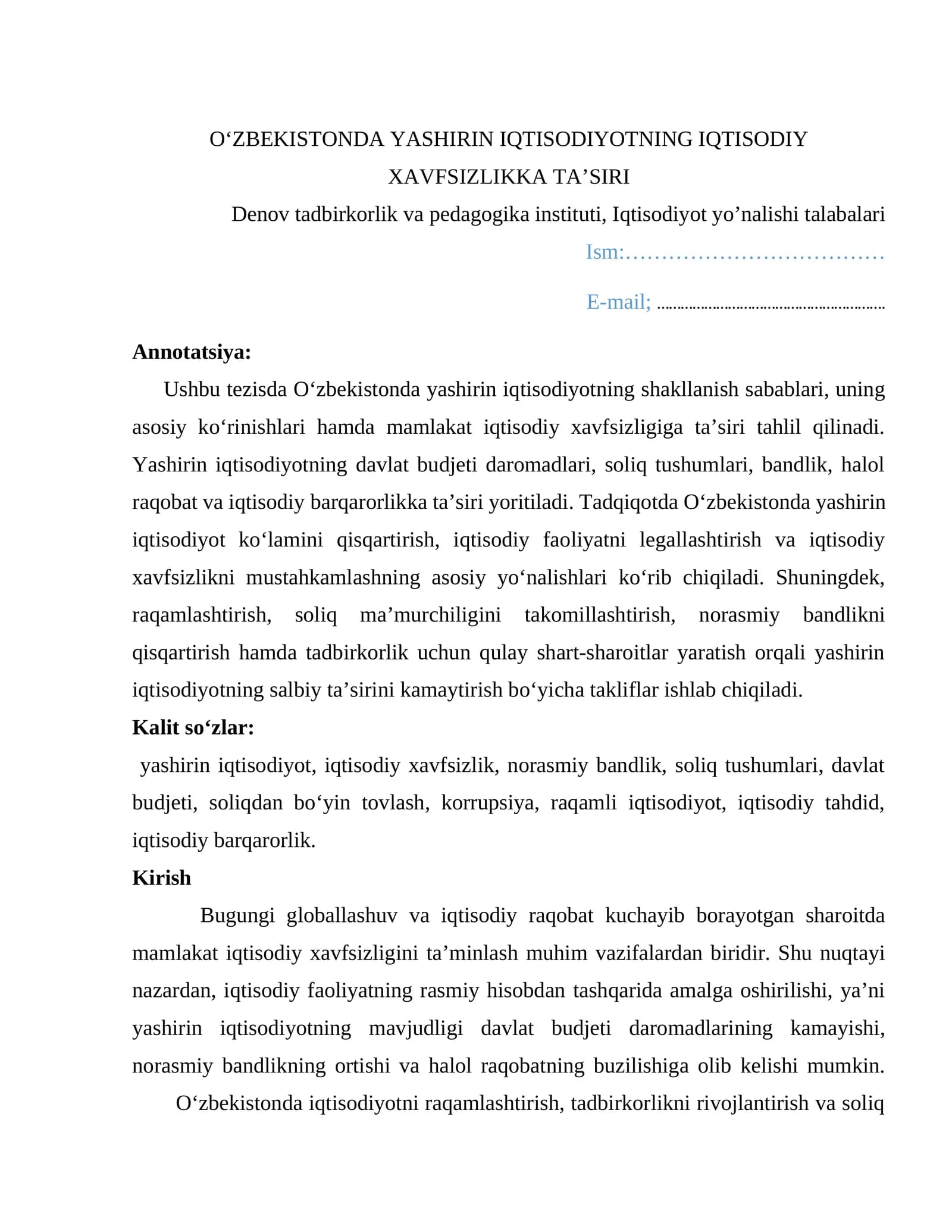 O‘zbekistonda yashirin iqtisodiyotning iqtisodiy xavfsizlikka ta’siri