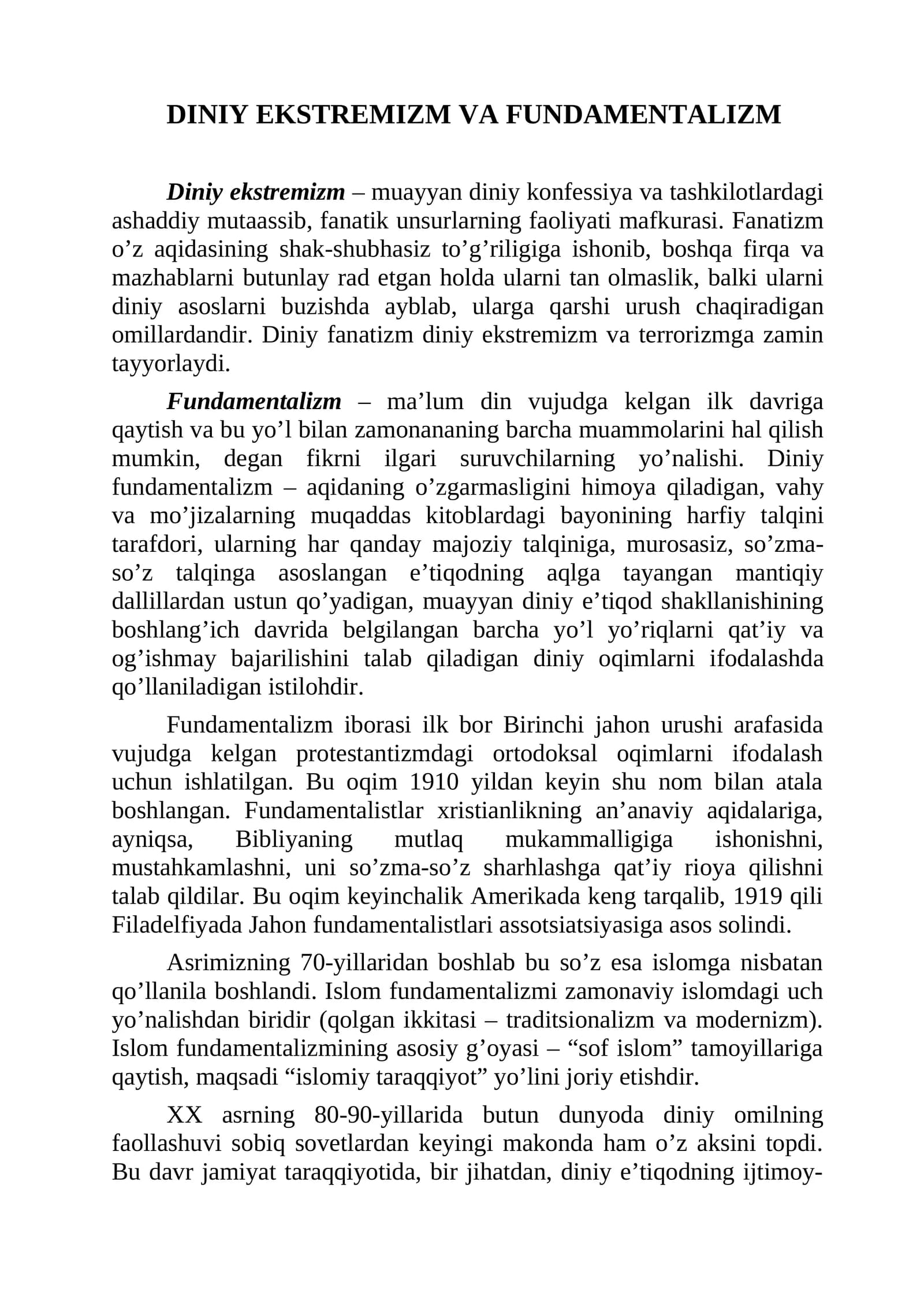 DINIY EKSTREMIZM VA FUNDAMENTALIZM