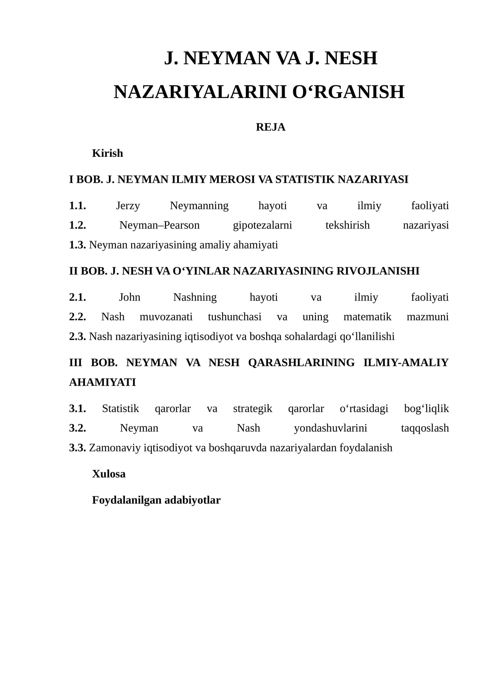J. NEYMAN VA J. NESH NAZARIYALARINI O‘RGANISH