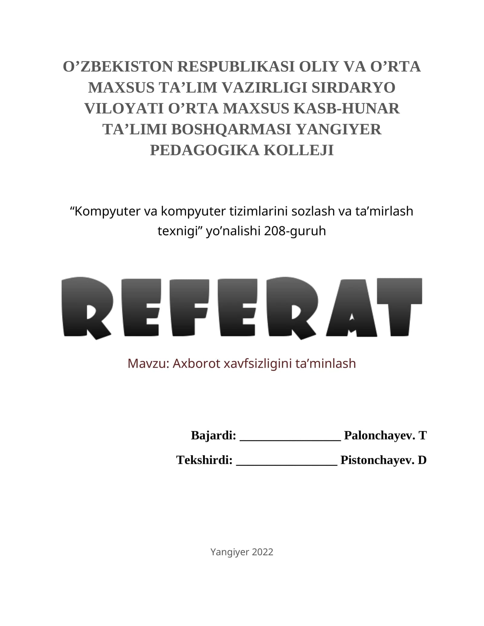 Kompyuter va kompyuter tizimlarini sozlash va ta’mirlash texnigi
