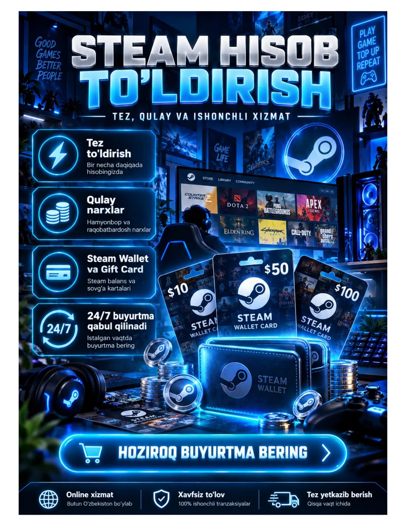 🎮 STEAM HISOB TO‘LDIRISH: 50 BETLIK TO‘LIQ QO‘LLANMA 💳🔥